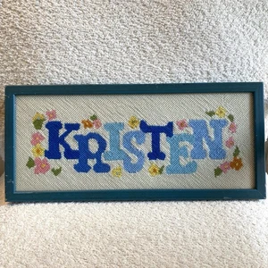 Vintage MCM Mid Century Needlepoint Crewel Name Art KRISTEN Framed Blue Floral - Picture 1 of 9