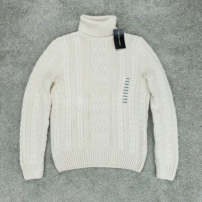 Suéter Jeanne Pierre Mujer M Beige Tejido con Cable Algodón Pescador Cuello Alto Nuevo Foto 1 de 4