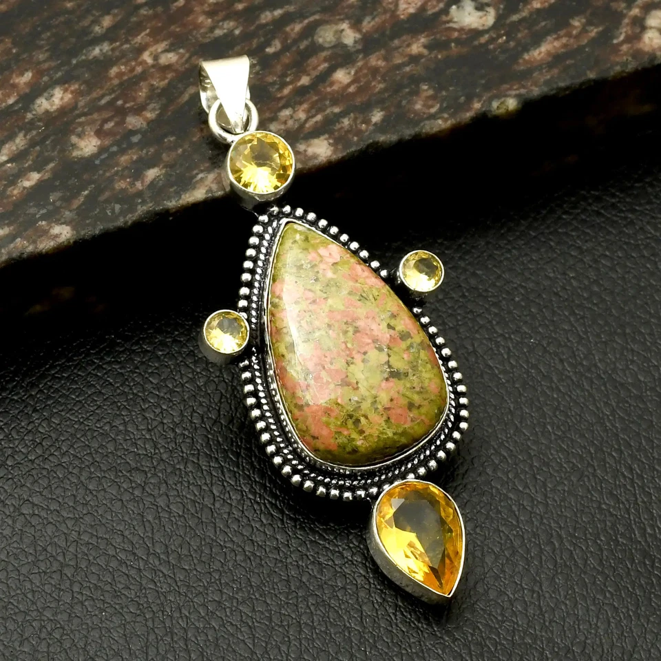 Joyería colgante étnica hecha a mano de piedras preciosas de citrino Unakita para mujer 3" AP-39714 Foto 1 de 1