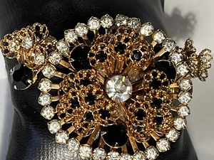 Vintage three dimensional clear and black rinestostones brooch and earrings - Picture 1 of 10