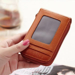 Brown Women Mens Card Wallet Real Leather Clutch Credit Card Holder Zipper Purse - Picture 1 of 7