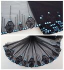 7.5" 1Y Embroidered Tulle Lace Trim Black Turquiose Blue Flowers in The Mirror 