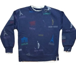 Zara Kids Size 10 Layered Blue White Graphic Travel Cities Sweatshirt - Picture 1 of 8