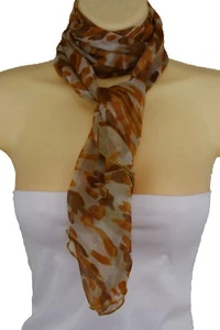 Women Beige Brown Floral Long Stripes Retro Urban Artsy Fashion Long Scarf Wrap - Picture 1 of 12