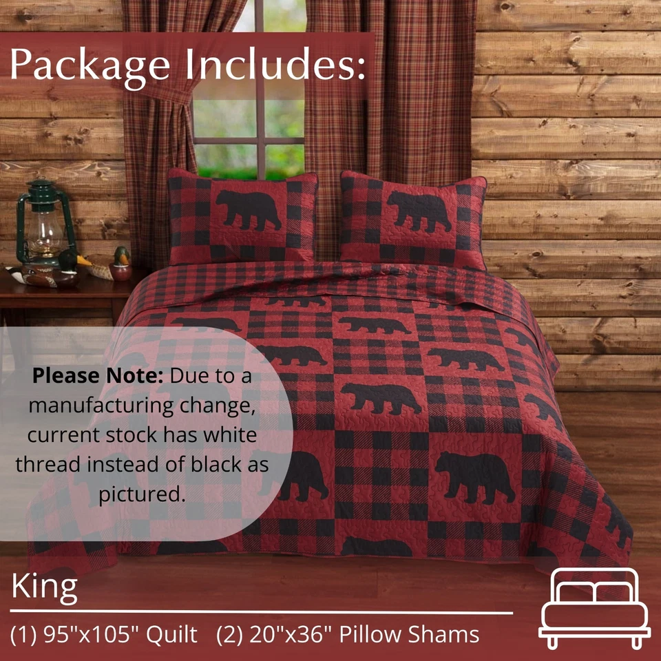 King Buffalo Plaid Red Primitive 3pc Quilt Patchwork Bear Checked Virah Bella