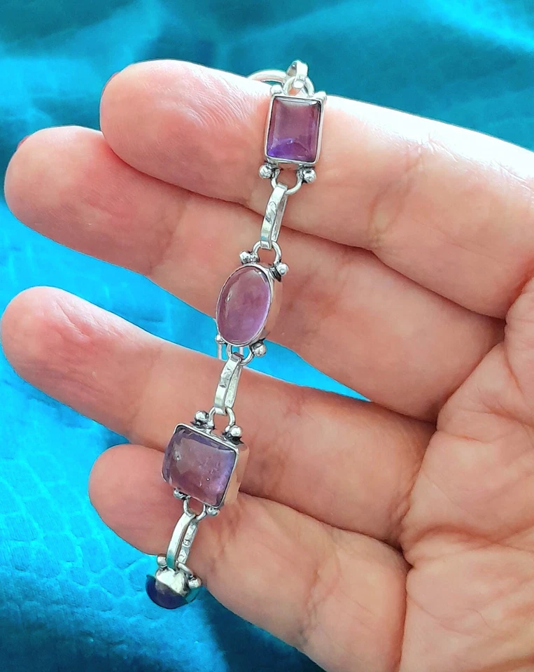 BRACCIALE DONNA AMETISTA NATURALE CABOCHON IN ARGENTO MASSICCIO 925 IDEA REGALO - Immagine 1 di 4