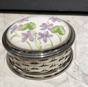 Vintage Silver Plated Ceramic Round Trinket Box Velvet Liner Purple Flowers - Picture 1 of 8