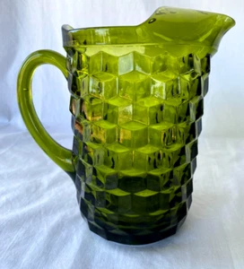 VTG INDIANA GLASS WHITEHALL CUBIST AVOCADO GREEN 64 oz PITCHER MINT - Picture 1 of 3