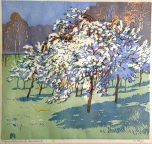 Blossoming Apple Trees Helene Mass 1920 Woodcut – Arts & Crafts Floral Landscape - Picture 1 of 2