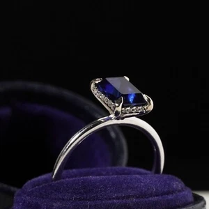 Emerald Cut Blue Sapphire 9ct White Gold Hidden Halo Ring Size L.5 / 6 - Picture 1 of 9