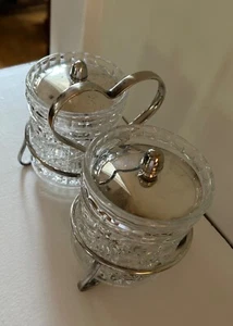 Double Round Crystal Condiment Jars With Silver Plated Caddie Made in England - Picture 1 of 6