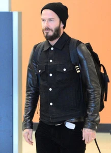 D- Beckham Modisch Freizeit Bekleidung Jeans mit Leder Ärmel Jacke - Bild 1 von 4
