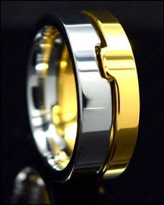 Mens Tungsten Carbide Ring Gold & Silver Split Combo Link Wedding Band 8mm - Picture 1 of 9