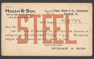 DATED 1903 PC PITTSBURGH PA HOGAN & SON DISTRIBUTORS SALESMAN CALLING CARD - Picture 1 of 1