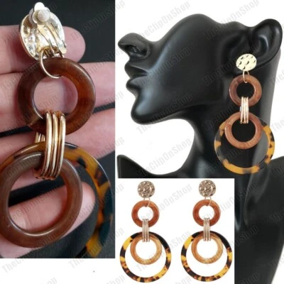 BRINCOS RETRÔ NÃO PERFURADOS ÂMBAR&OURO multi aros resina concha de tartaruga CLIP ON - Imagem 1 de 4