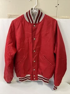 Vintage Men's Red W/ Grey Stripes Butwin USA Nylon Snap Varsity Jacket Large - Picture 1 of 3