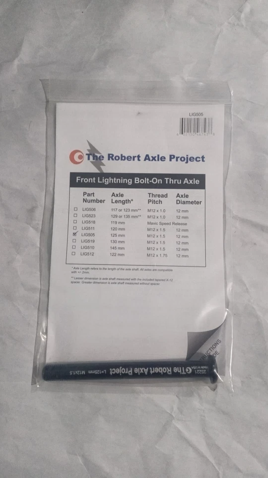 Robert Axle Project Lightning LIG505 125mm M12xP1.5 Front Thru Axle - Black - Image 1 of 1