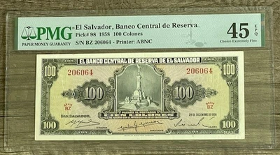 EL SALVADOR 1958 100 COLONES PMG 45 EPQ SERIE BZ VERY SCARCE PRINTED BY ABNC - Image 1 of 2