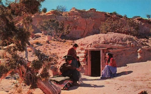 Navajo Family at the entrance to their Hogan Native Americans Vintage Postcard - Picture 1 of 2