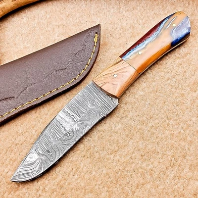 手工制作大马士革钢制薄刀 | 8.0 英寸 | 全唐皮革鞘 IT-2544 — 第 1/4 张图片