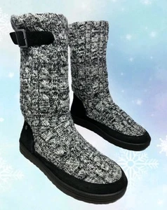 Abeo Women Mid Calf Pull On Boots Sz-8 Black Suede Knit Upper Sheepskin Foot Bed - Picture 1 of 11