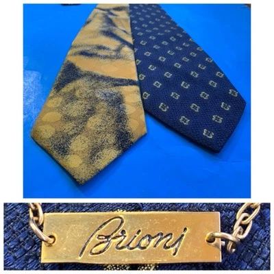 (2) BRIONI Shiny Navy +  Gold /Yellow 100% Silk Hand-Sewn Ties Tie Made in Italy - Image 1 of 4
