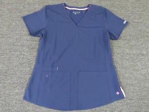 Med Couture Scrub Top Womens Medium Blue Pink Short Sleeve V Neck - Picture 1 of 10