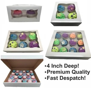4 INCH DEEP Windowed Cupcake Boxes 2, 4, 6, 12 & 24 Cup Cakes & Removable Trays - Picture 1 of 11