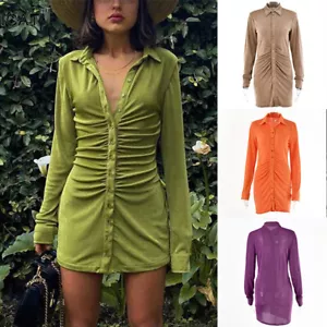 Mini Dress Turn-Down Collar Party Ruched Bodycon Shirts Dress Women Long Sleeve - Picture 1 of 18