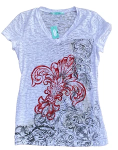 Paisley V-Neck Lightweight Maunces NWT White Red Gray Swirl Dress T-Shirt Size M - Picture 1 of 6