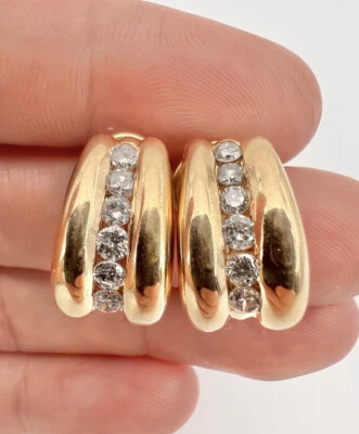 Designer 14K Yellow Gold 1.32tcw Diamond Omega Back Huggie Post Earrings 9.1g - Image 1 of 4