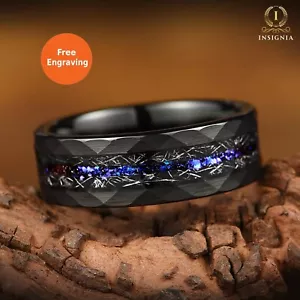 Hammered Meteorite Ring, Mens Black wedding Band, Blue Opal Male Engagement Ring - Picture 1 of 8