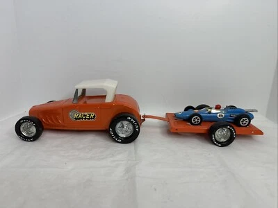 VTG Orange NYLINT Flatbed Race Car Trailer With Formula Racer Set Toy USA Metal - Image 1 of 4