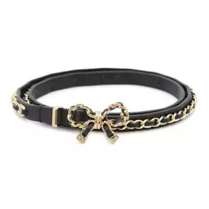 CHANEL Ribbon motif Chain leather belt Size 65 Lambskin Gold/Black AA8365 - Picture 1 of 10