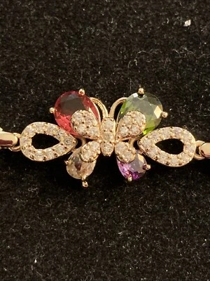 Nuevo Brazalete Mariposa y Cadena Piedra Multicolor Lleno Oro 14k 7 Pulgadas Foto 1 de 4