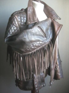 VINTAGE LEATHER BIKER JACKET 44 46 hells angel rock fringe tassle distress biker - Picture 1 of 23