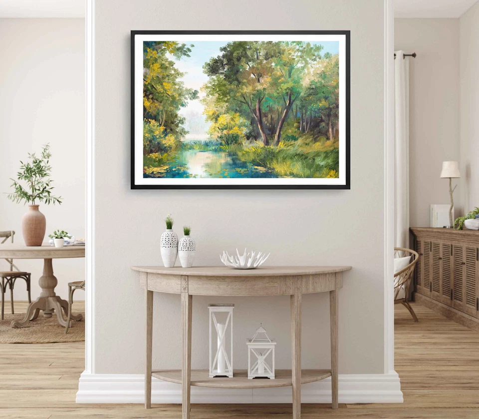 Green Forest Print, Lake Wall Art, Oil Painting Framed Trees Wall Art, Natural - Image 1 of 1