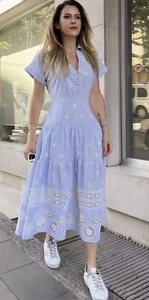 ZARA Embroidered Shirt Dress Long Cutwork Embroidery SIZE XL Blue White Striped - Picture 1 of 4