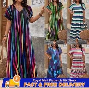 Plus Size Womens V Neck Striped Maxi Dress Summer Baggy Kaftan T-Shirt Dress - Picture 1 of 26