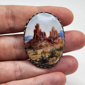 Vtg Landscape Cameo Sterling Silver Portrait Brooch Pin Hand Painted Signed 925 - Picture 1 of 5