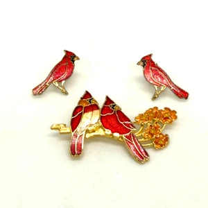 Vintage Crown and Fish Bird Brooch and Earring Set Red Cardinal Enamel Gold Tone - Picture 1 of 8