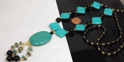 30"  chalk turquoise pebble pendant /flat square beads necklace/ (c738-w2) - Image 1 of 2