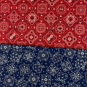 Vintage bandana print fabric panels blue, white & red cotton - Picture 1 of 5