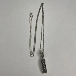 VTG 925 Sterling Silver Marcasite Stone Pendant Necklace 3.4g 16” Chain - Picture 1 of 3