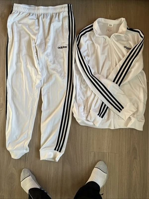 Adidas Hombre Grande Blanco con Rayas Negras Chándal Pantalones Y Chaqueta A Juego  Foto 1 de 4