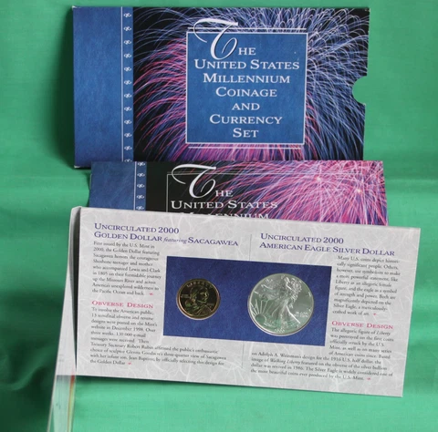 2000 US Mint Millennium Coin and Currency Set Silver Eagle Sacagawea $1 and FRN Cover