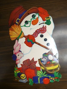 VTG Christmas Cardstock Cutout Decoration Hanging Snowman Animal Friends 14" - Picture 1 of 7