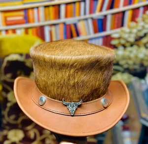Steampunk Leather Top Hat Cowhide Leather Top Hat Bull Nickel Band Top Hat - Picture 1 of 6