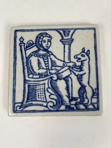 Vintage Tile Square 5x5" Renaissance Royalty Ceramic Stone Blue Dog - Picture 1 of 8