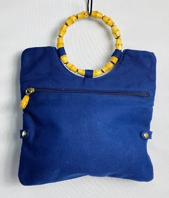 Bolso de mano antiguo azul marino con asa de bambú pequeño  Foto 1 de 3